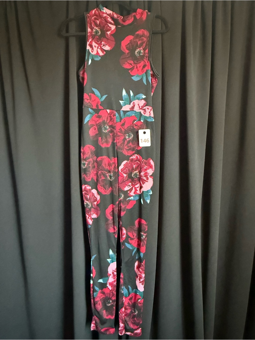 Sleeveless Floral Jumpsuit in Black with Red Blooms